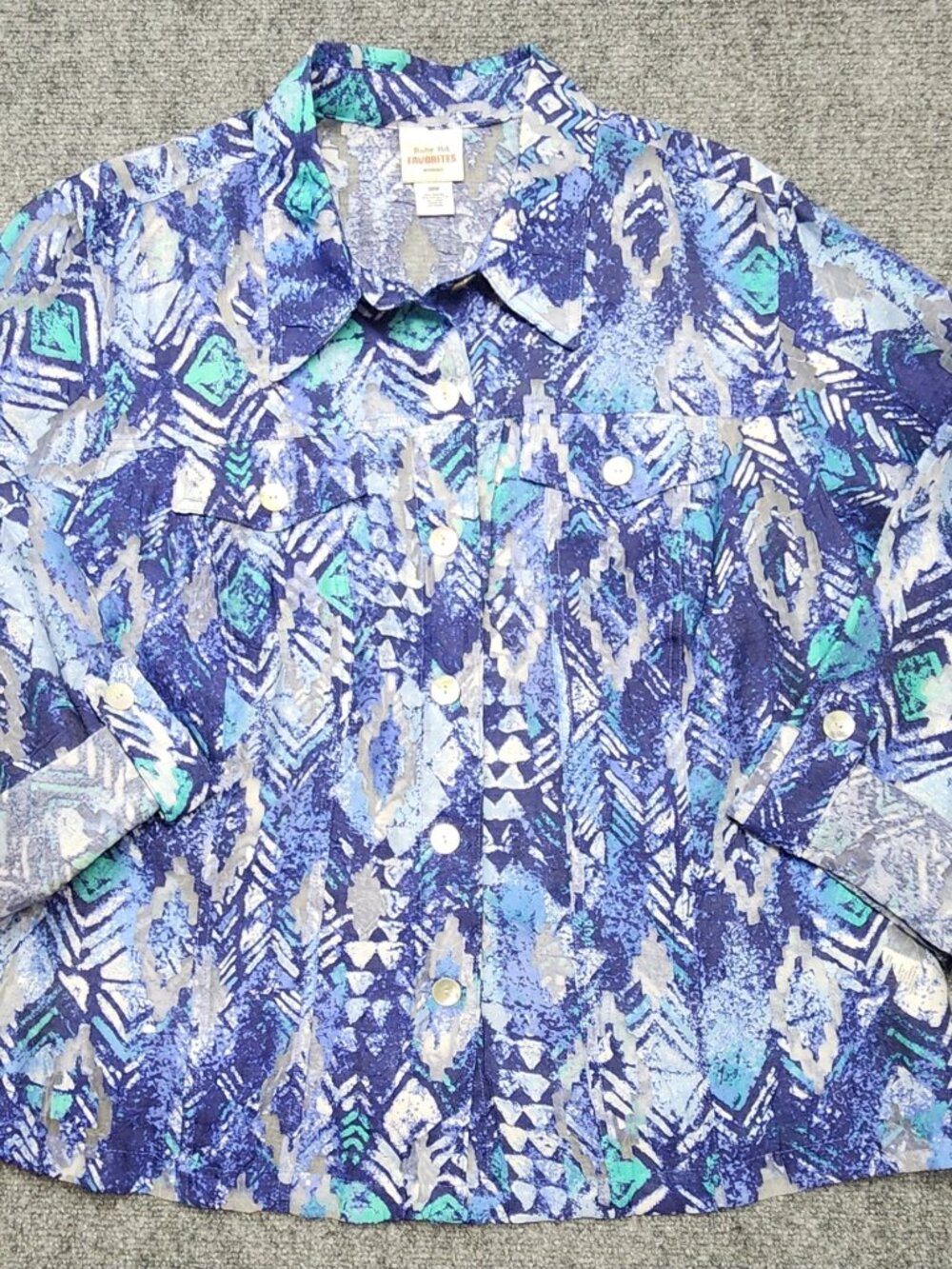 Ruby Rd. Plus Size 18W Blue Sheer Ikat Geometric Button Front Shirt Jacket Boho